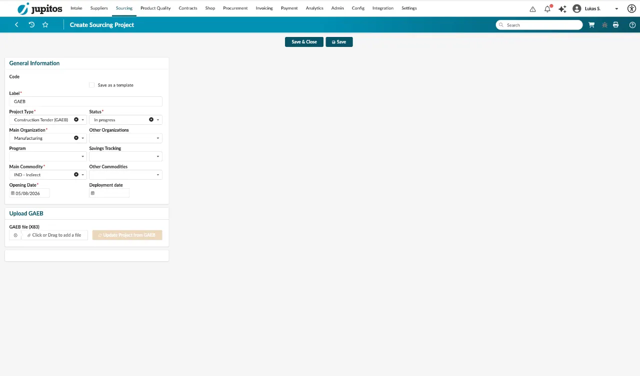 Neues Sourcing-Projekt anlegen und GAEB-Datei (X83) hochladen